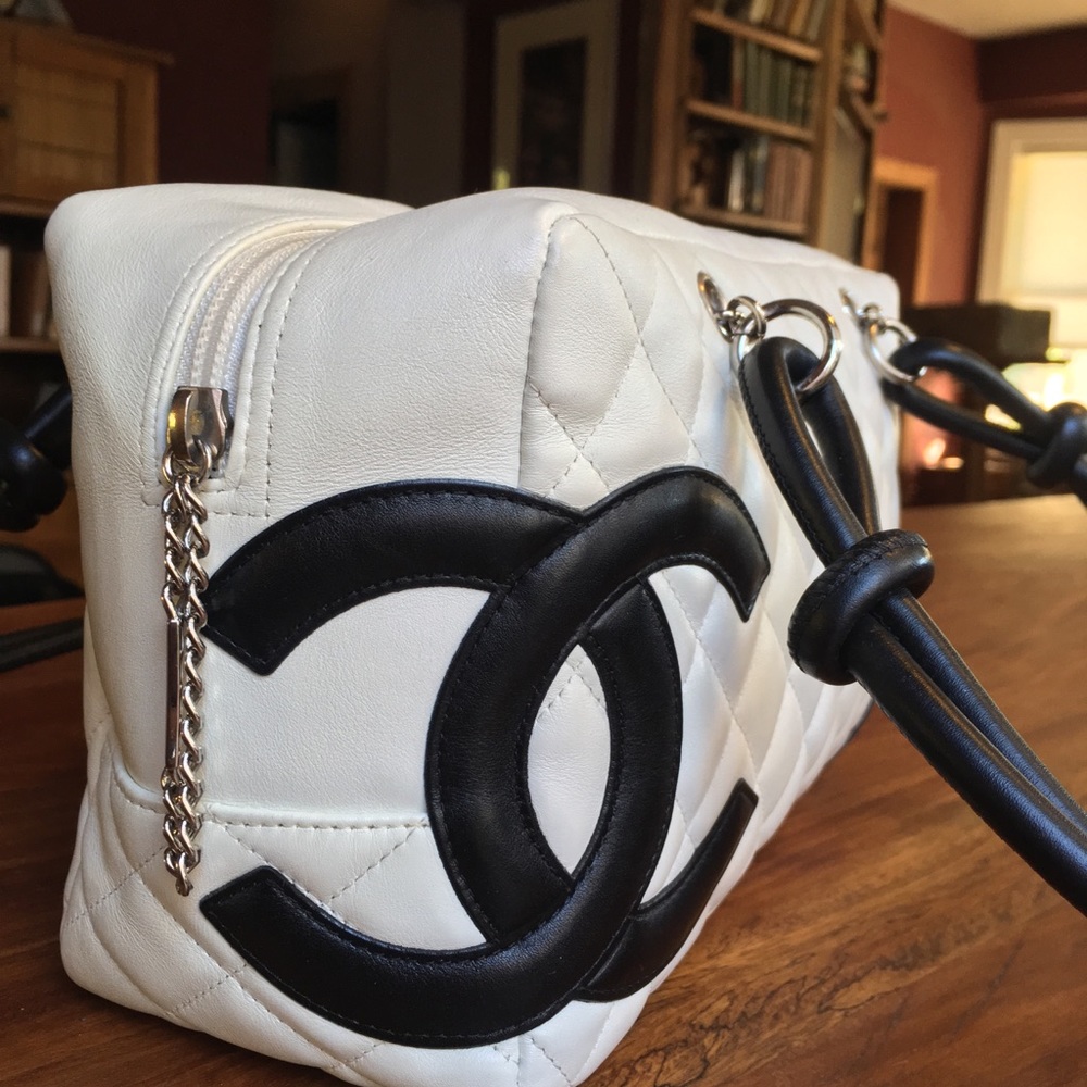 Authentic Chanel White Cambon Bowler Pochette Bag